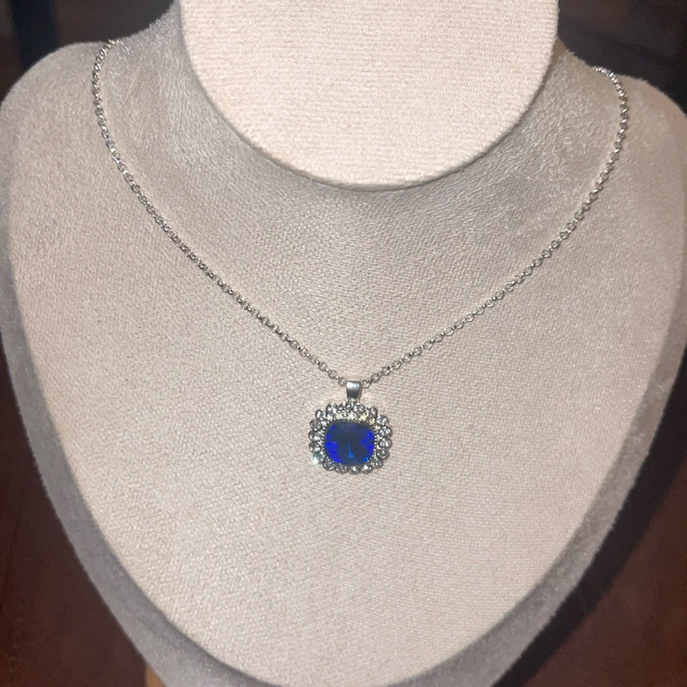 SOLD. Vintage Monet Silver Tone Blue Acrylic Cabachon and Cubic Zirconia